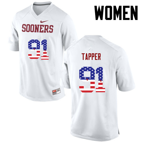Women Oklahoma Sooners #91 Charles Tapper College Football USA Flag Fashion Jerseys-White - Click Image to Close